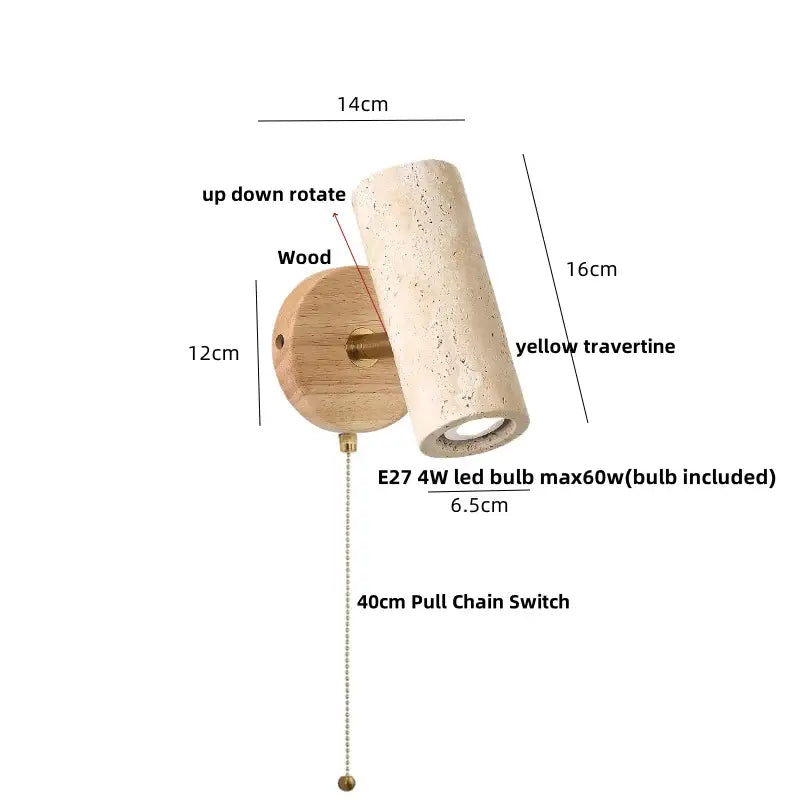 Modern yellow travertine led wall sconce with circular wood base and rotating up-down mechanism for bedroom decorbites led wall sconce