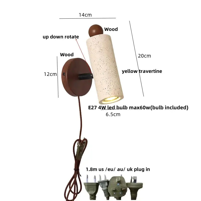 Modern yellow travertine led wall sconce with a cylindrical body, wooden base, and adjustable rotating mechanism