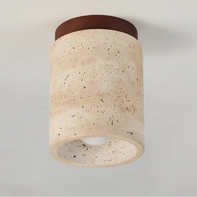 Modern yellow travertine led wood ceiling light with cylindrical concrete fixture and dark wood trim for dining room decorbites led wood