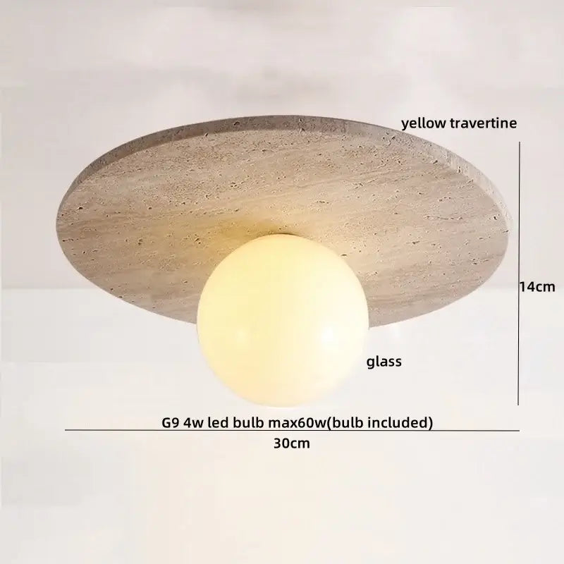 Modern yellow travertine ceiling light with a circular base and central glass globe decorbites led wood for dining room