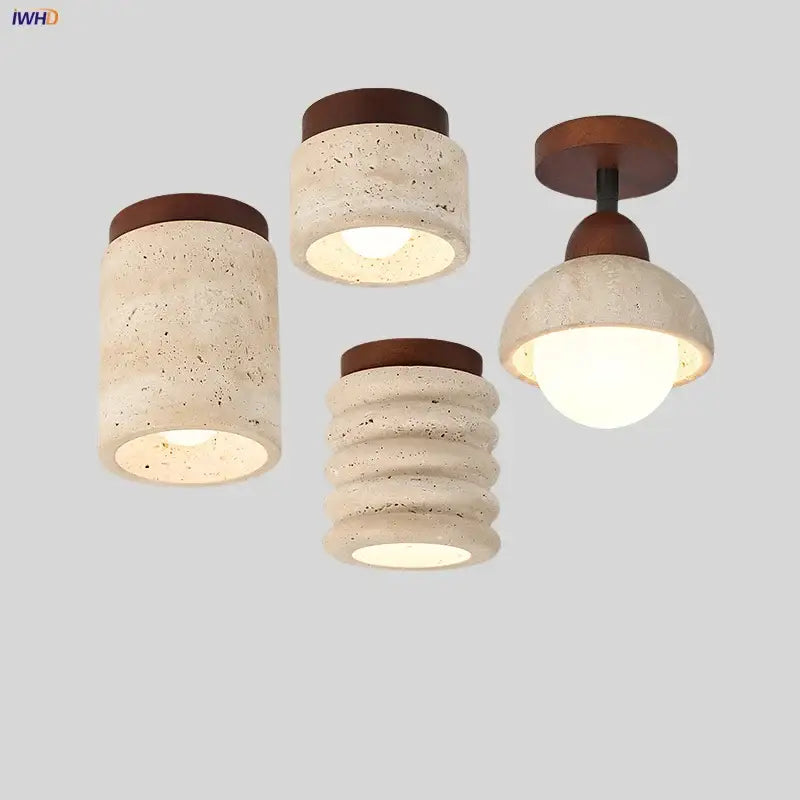 Set of four modern concrete and yellow travertine decorbites led wood ceiling lights with warm wooden accents for dining room