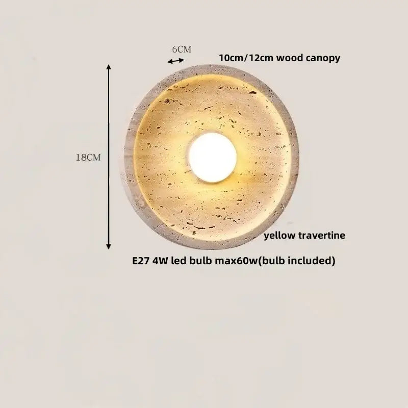 Modern yellow travertine led wall lamp sconce with circular pendant light and wood canopy for stair lighting