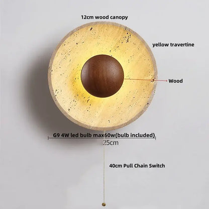 Modern yellow travertine square led wall lamp sconce with circular wood canopy and dark brown wooden sphere center