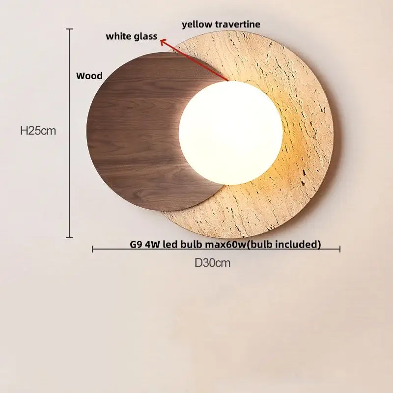 Modern yellow travertine square led wall lamp sconce with warm white glass bulb framed by dark wood for stair lighting