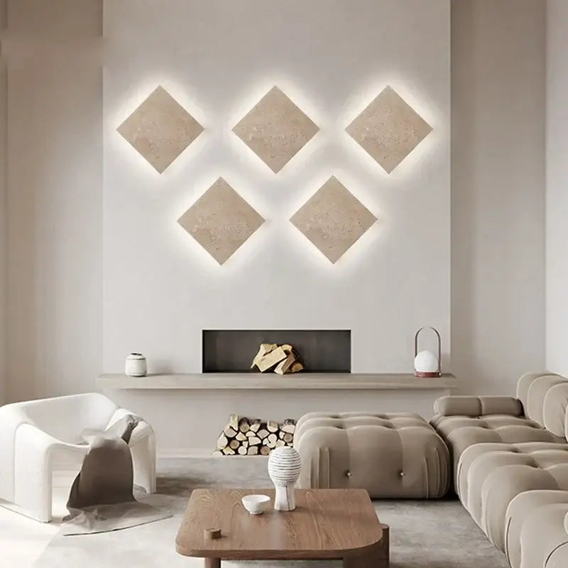 Five textured beige yellow travertine diamond wall lamp sconces with integrated led backlighting for stair lighting