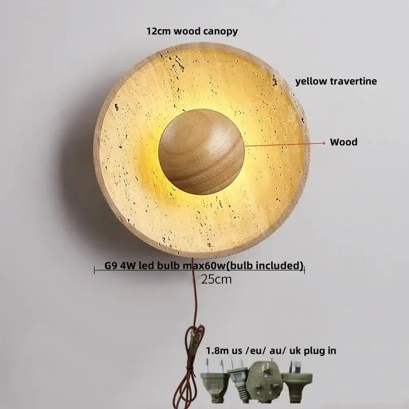 Modern yellow travertine led wall lamp sconce with a 12cm wood canopy and central wooden sphere wall lamp design