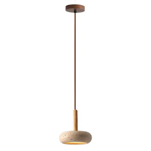 Modern pendant light with yellow travertine stone shade and warm wooden stem, ideal for kitchen island lighting