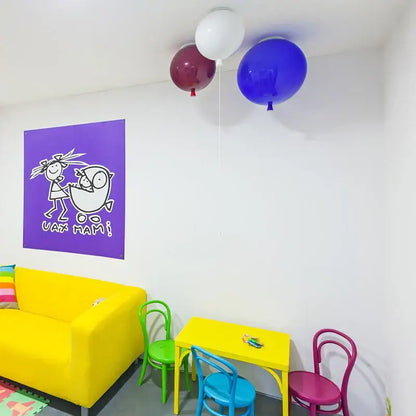 Three colorful balloon lights white maroon and blue floating near ceiling modern yellow white and gray balloon light d200mm decorbites d200mm balloon light for bedroom and living room decor
