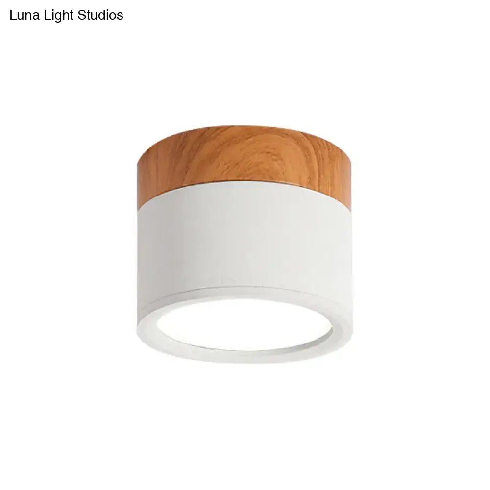 Decorbites small macaron metal flush mount ceiling light with warm wood top and white matte body for kitchen bar