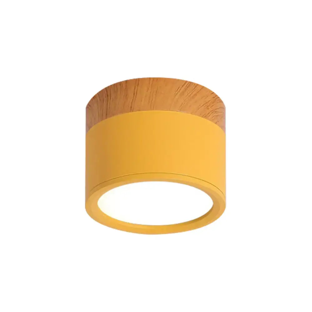 Decorbites small macaron flush mount ceiling light in yellow with metal body and natural wood top ring for kitchen bar