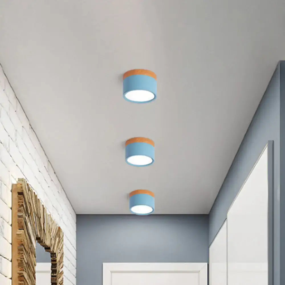 Decorbites small macaron flush mount ceiling light with blue cylindrical shades and orange rims for kitchen bar use