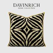 Modern zebra pattern pillow cover with black and cream stripes and mustard-yellow border for decorbites gold zebra decor