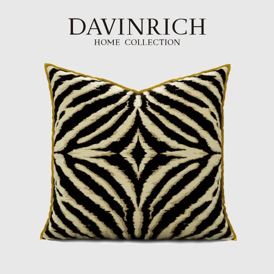 Modern zebra pattern pillow cover with black and cream stripes and mustard-yellow border for decorbites gold zebra decor