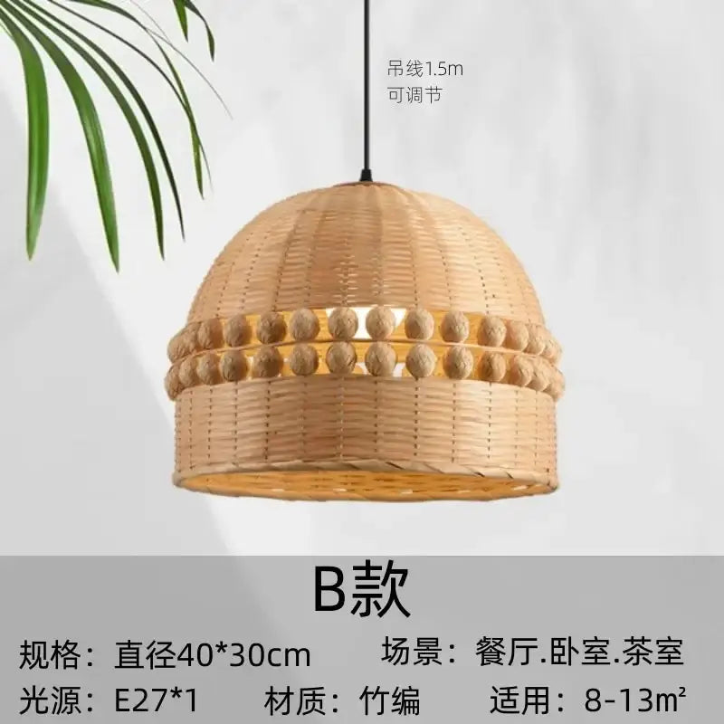 Modern zen bamboo weave pendant light in natural tones with rounded wooden bead band for dining room illumination