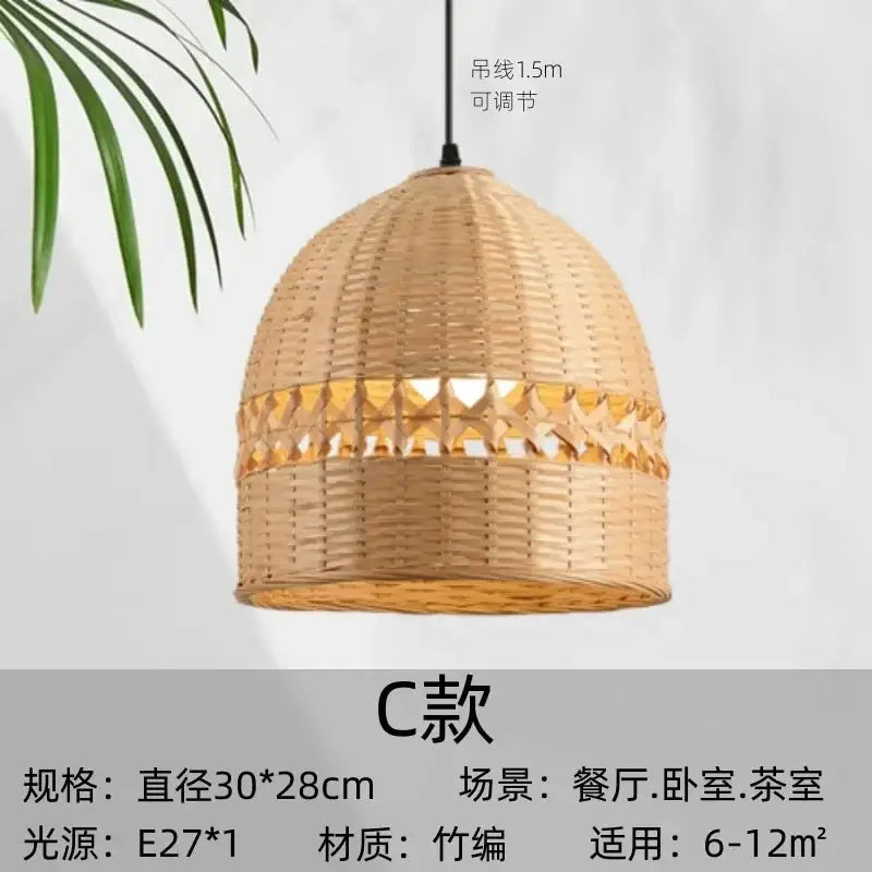 Modern zen bamboo weave pendant light with dome shape and decorative lattice pattern for dining room lighting