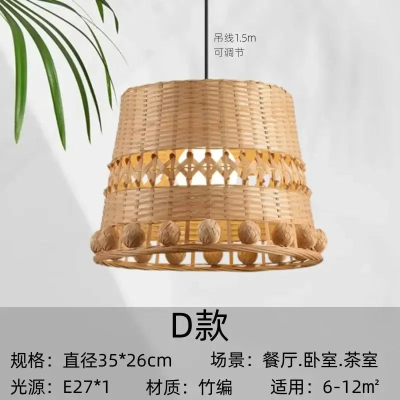 Modern zen bamboo weave pendant light with tiered design, decorative cutouts, and beads for dining room lighting