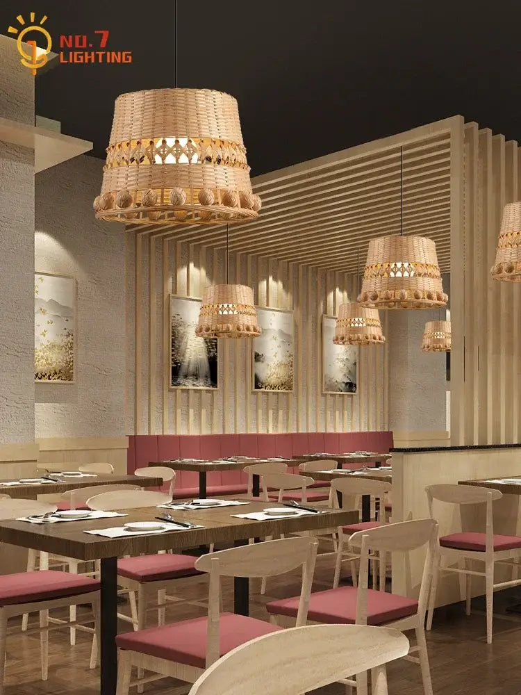 Modern zen bamboo weave pendant light with tiered wicker design and tassels ideal for dining room lighting