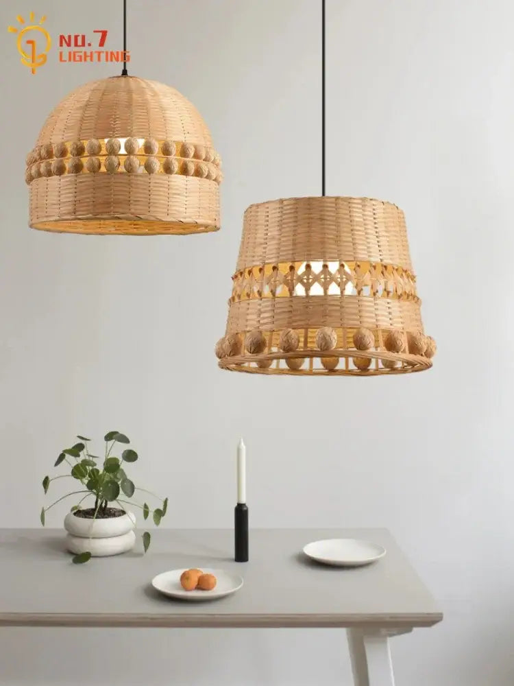 Two woven rattan bamboo weave pendant lights in natural beige with decorative beads for dining room lighting