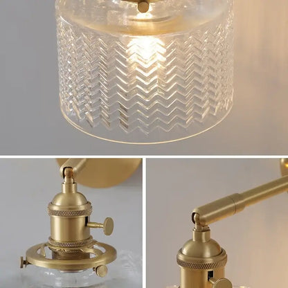 Modern wall lamp featuring a clear green glass led pendant with textured chevron pattern and brass-finished hardware