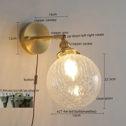 Copper wall lamp with crackled clear glass globe and adjustable arm for modern green glass led bedroom lighting
