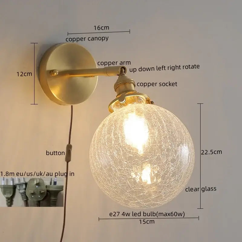 Copper wall lamp with crackled clear glass globe and adjustable arm for modern green glass led bedroom lighting