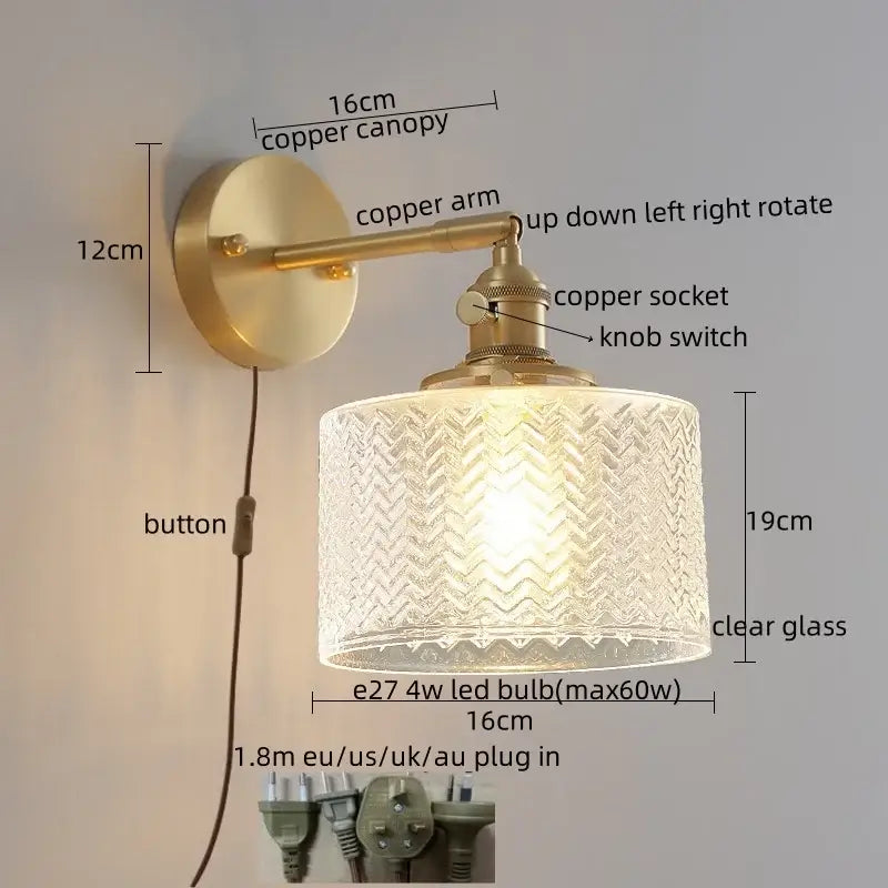 Brass-finished copper wall lamp with clear green glass led shade featuring an intricate chevron pattern for bedroom use
