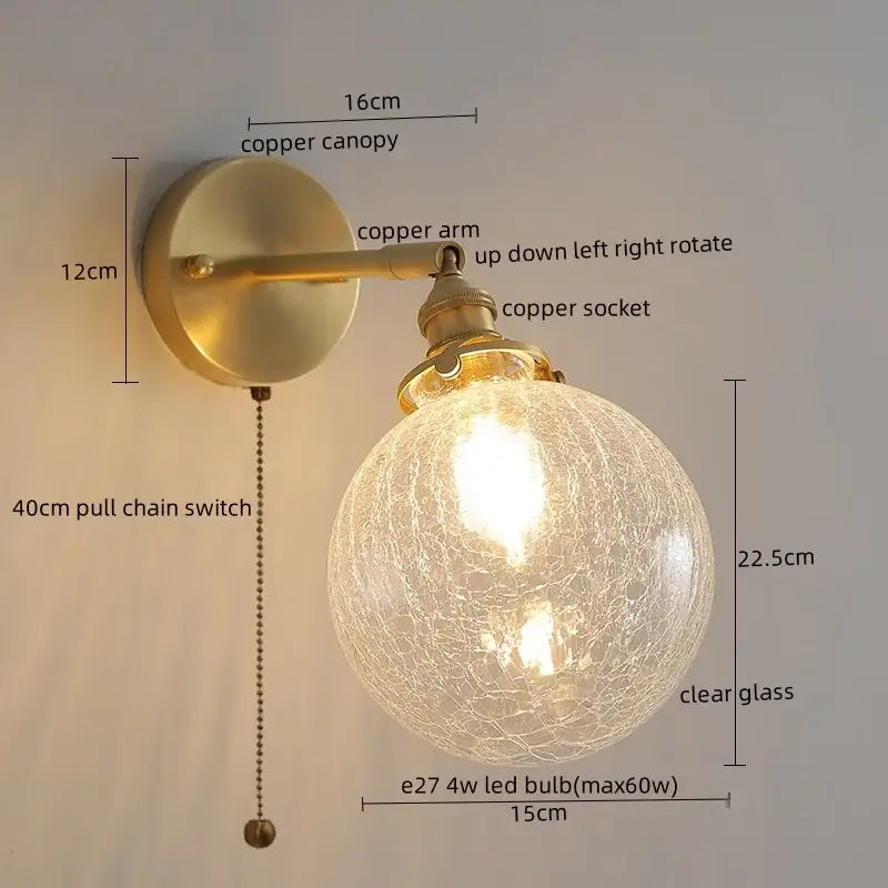 Vintage-style wall lamp with brass copper arm and spherical crackled glass shade for modern green glass led lighting