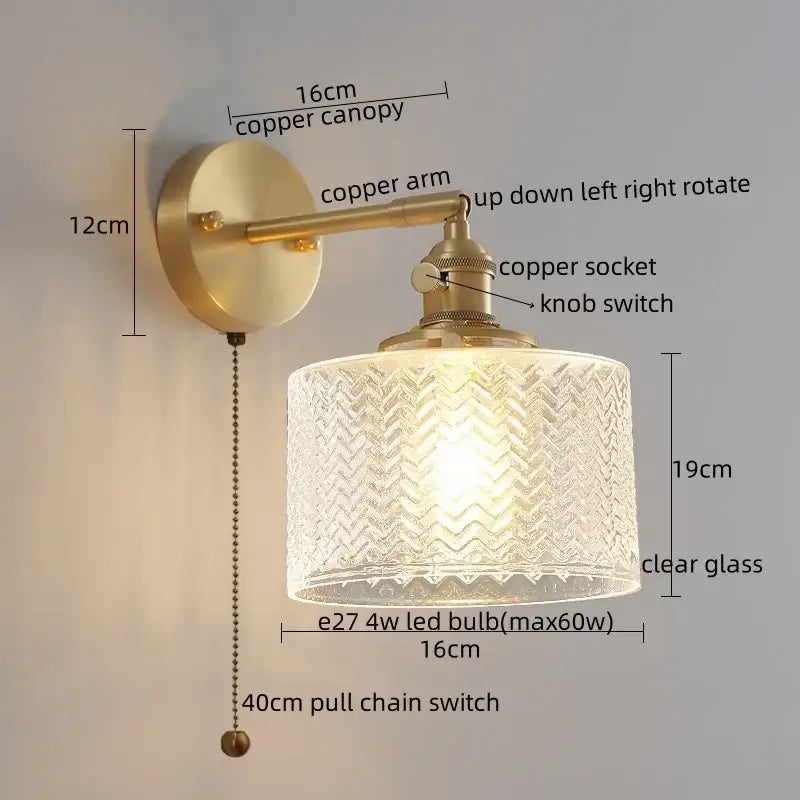 Vintage-style wall lamp with brass copper arm and etched clear glass shade in chevron pattern for modern bedroom use