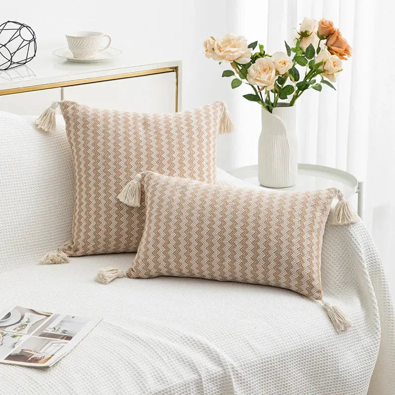 Beige and cream jacquard woven cushion cover set with modern zigzag pattern and tassels for living room decorbites decor