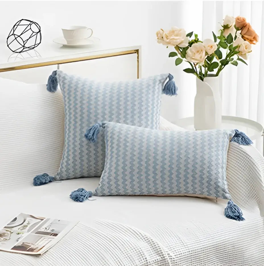 Light blue and white zigzag patterned jacquard woven cushion cover set with matching tassels for living room decorbites