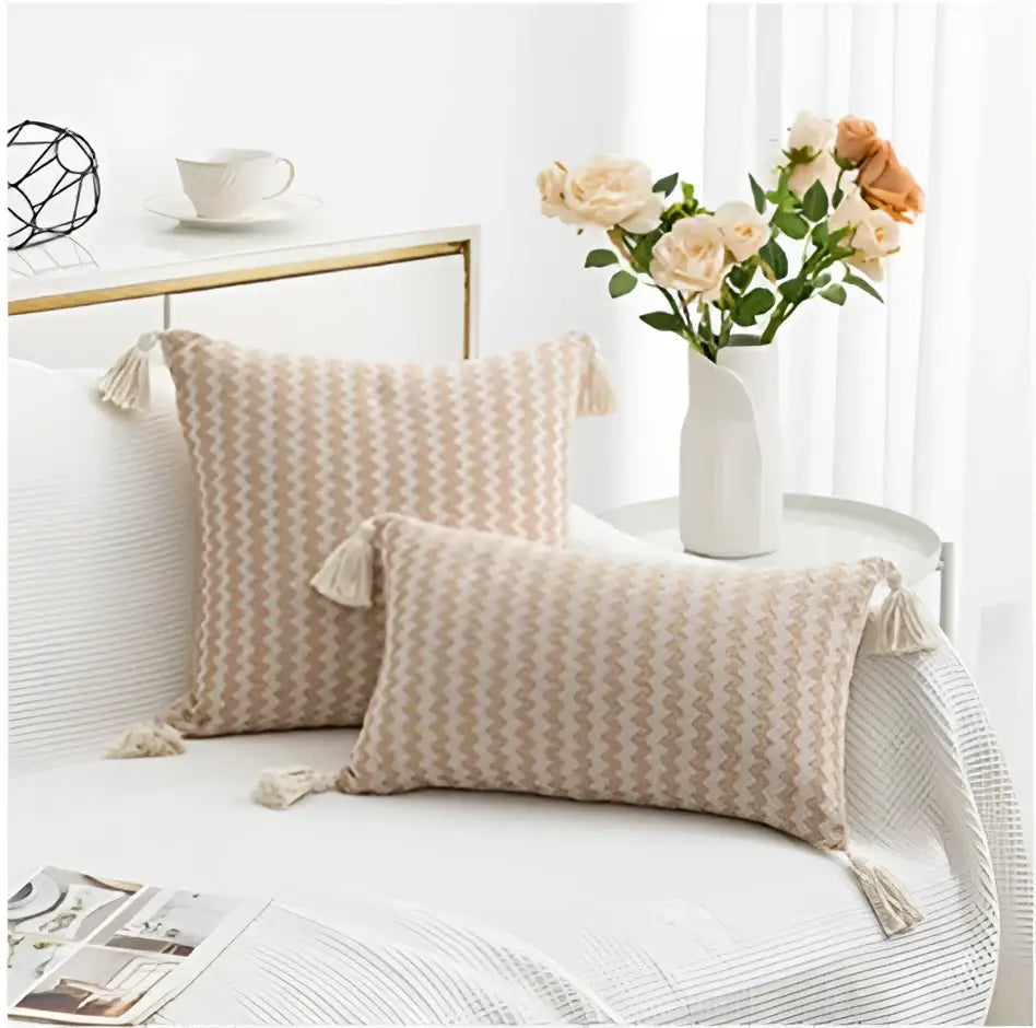 Beige and cream chevron jacquard woven cushion cover set with tassel trim for modern living room decorbites jacquard woven decor