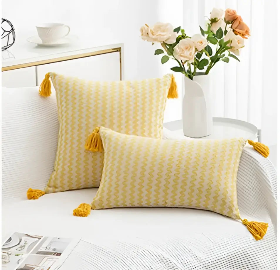 Modern zigzag jacquard woven cushion cover set with yellow and white stripes and mustard-yellow tassels for living room decorbites