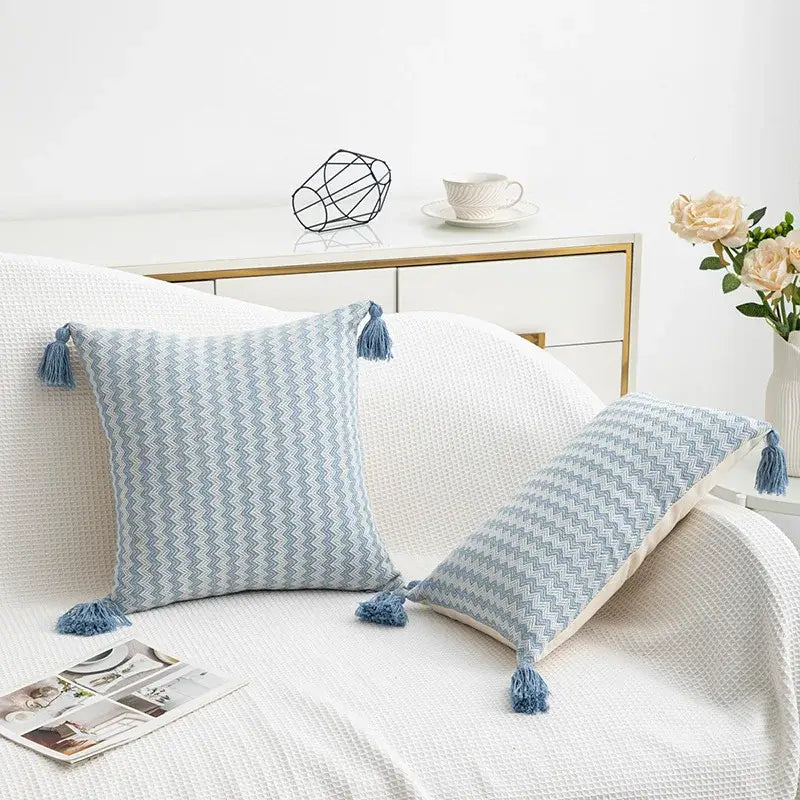 Light blue and white zigzag patterned jacquard woven cushion cover set with matching tassels for modern decorbites decor