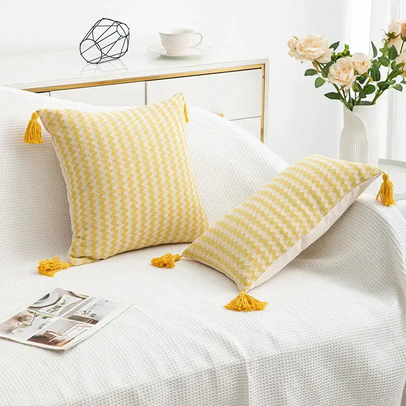 Yellow and cream zigzag patterned modern jacquard woven cushion cover set with matching tassels for living room decorbites
