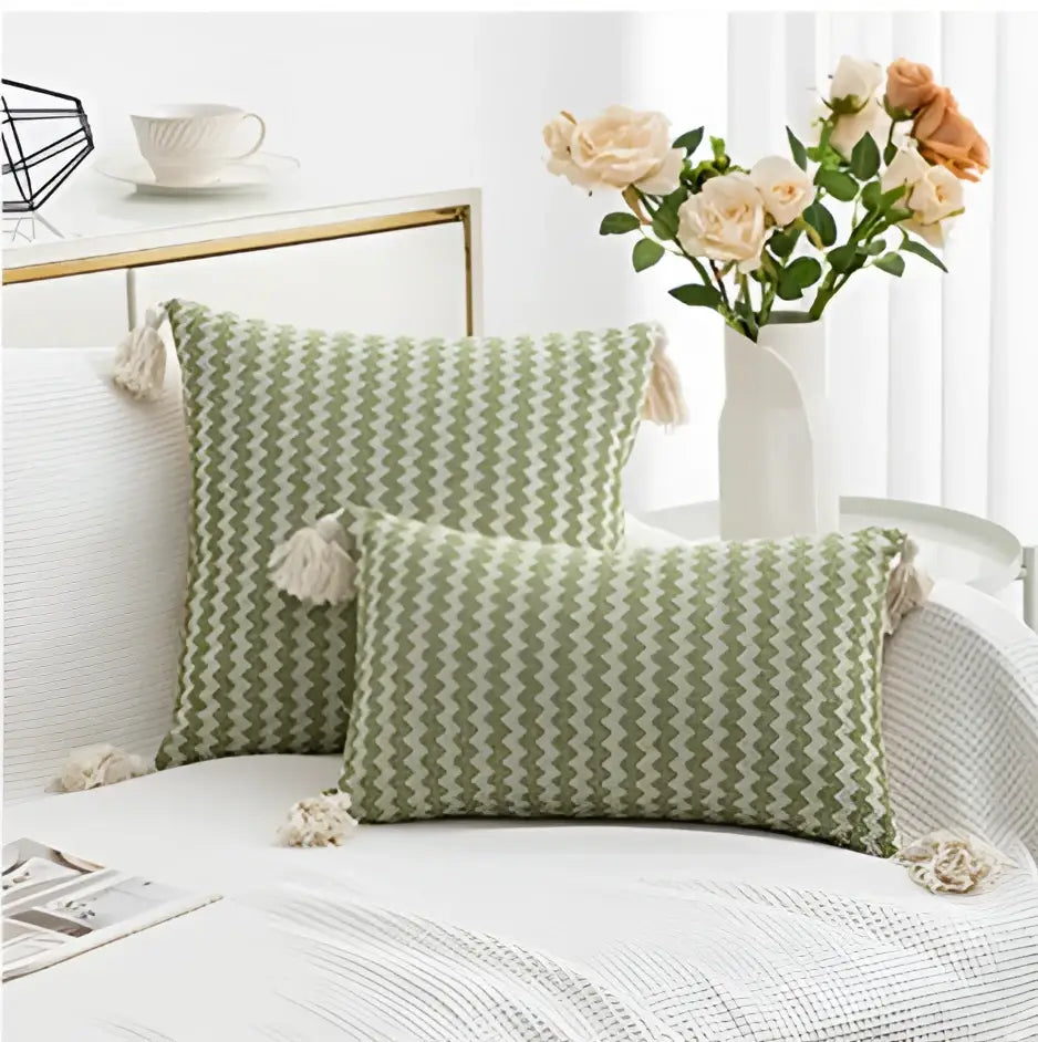 Green and white zigzag jacquard woven cushion cover set with cream tassels for modern living room decorbites cushion cover