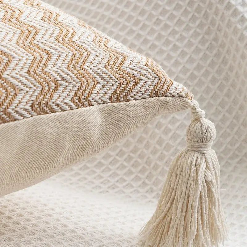 Beige and cream herringbone jacquard woven cushion cover with matching tassel accent from decorbites for living room decor