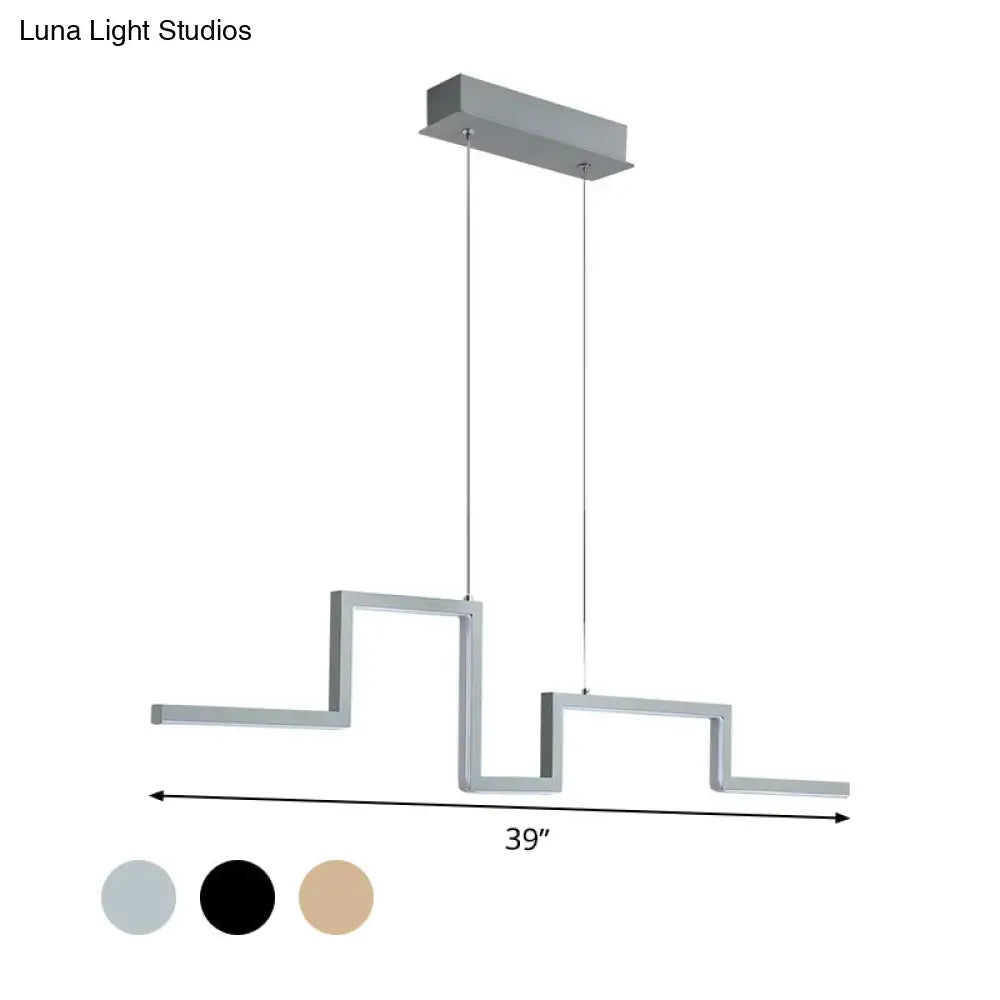 Modern silver metallic linear metal hanging light fixture with geometric zigzag design and three horizontal arms