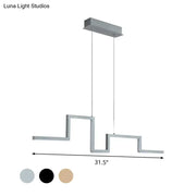 Modern silver linear metal hanging light fixture with geometric zigzag design and rectangular ceiling mount for dining room