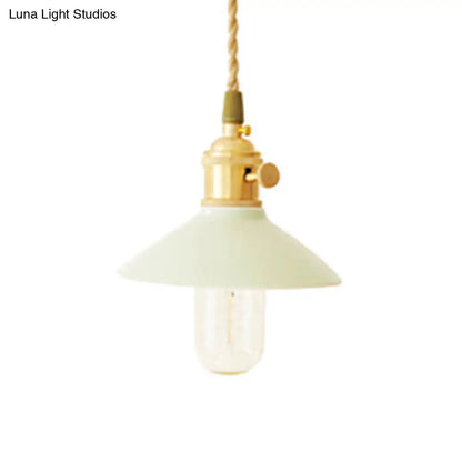 Modernism Conical Suspended Light - 5.5"/8" Width, 1-Light Ceramic and Metal Pendant in White for Table