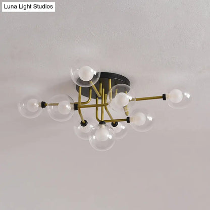 Modernism Gold LED Semi Flush Ceiling Mount with 9 Bulbs: Clear Glass Sphere Lighting