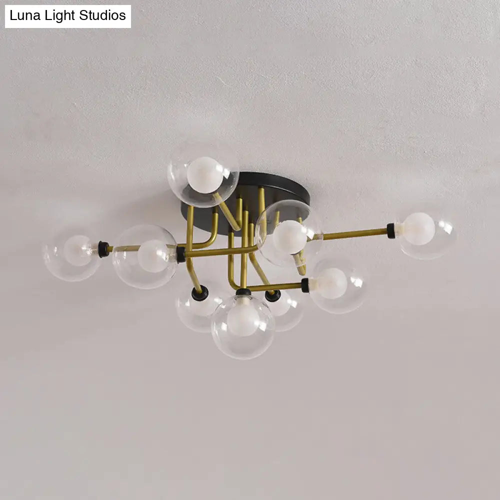 Modernism Gold LED Semi Flush Ceiling Mount with 9 Bulbs: Clear Glass Sphere Lighting