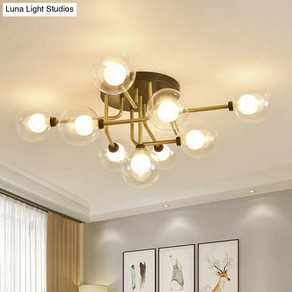 Modernism Gold LED Semi Flush Ceiling Mount with 9 Bulbs: Clear Glass Sphere Lighting