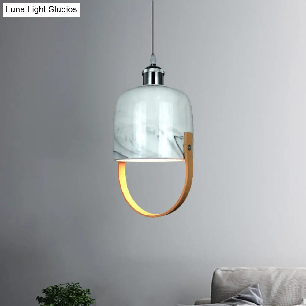 Modernist 1-Head Ceramic Pendant Light with Wood Handle - White Cup Shaped Drop Ceiling Lamp Fixture