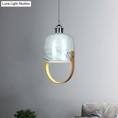 Modernist 1-Head Ceramic Pendant Light with Wood Handle - White Cup Shaped Drop Ceiling Lamp Fixture