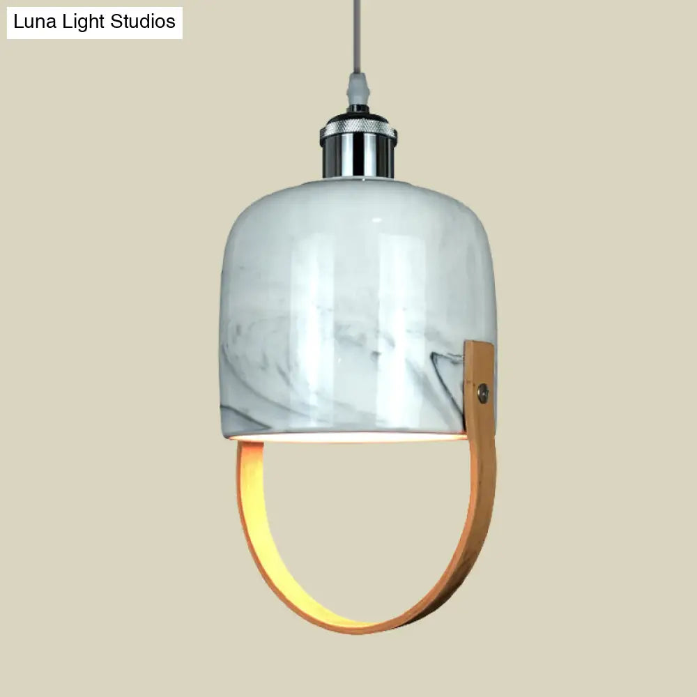 Modernist 1-Head Ceramic Pendant Light with Wood Handle - White Cup Shaped Drop Ceiling Lamp Fixture