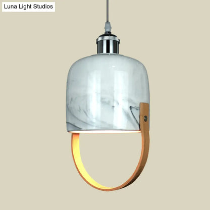 Modernist 1-Head Ceramic Pendant Light with Wood Handle - White Cup Shaped Drop Ceiling Lamp Fixture