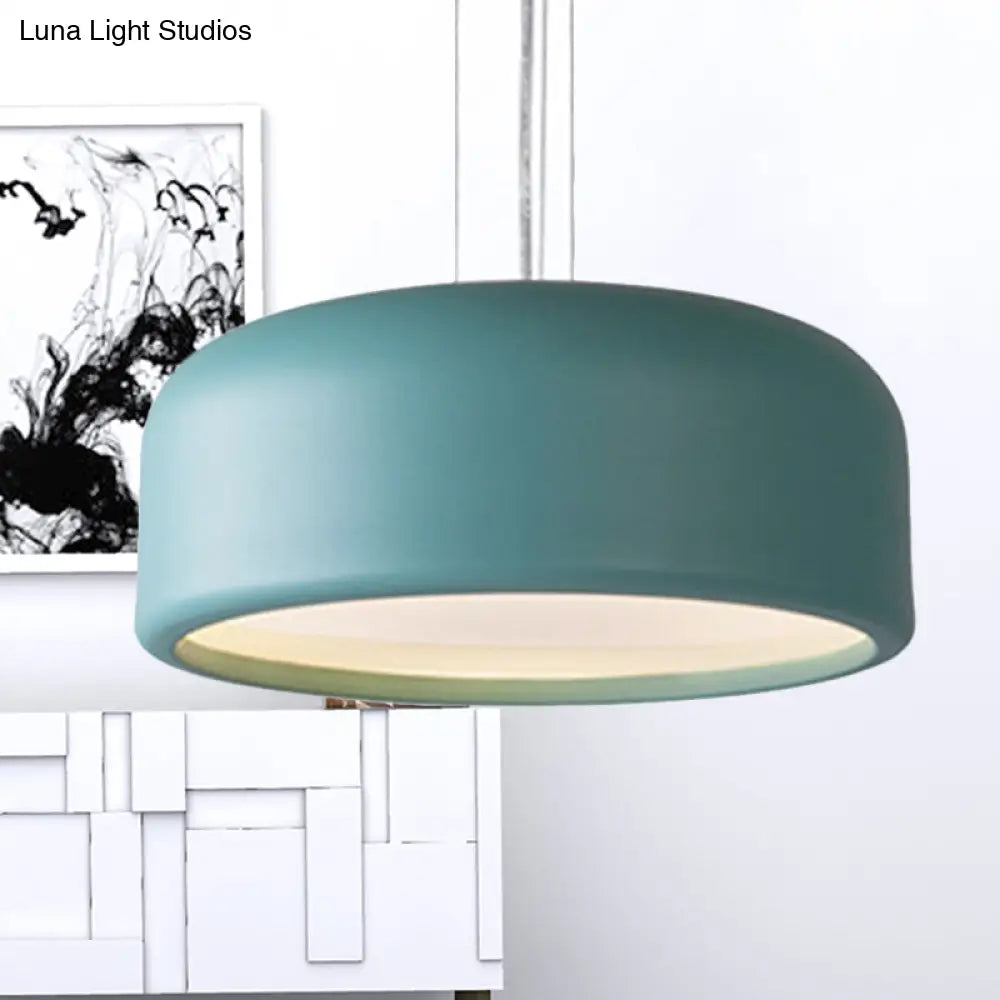 Modernist 1-Light Bedroom Pendant with Drum Metal Shade and Diffuser, 14"/19"/23.5" Wide - Pink/Blue/Green Hanging Light Kit