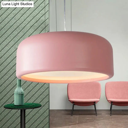 Modernist 1-Light Bedroom Pendant with Drum Metal Shade and Diffuser, 14"/19"/23.5" Wide - Pink/Blue/Green Hanging Light Kit