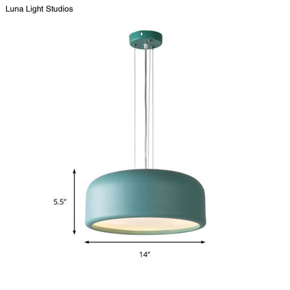 Modernist 1-Light Bedroom Pendant with Drum Metal Shade and Diffuser, 14"/19"/23.5" Wide - Pink/Blue/Green Hanging Light Kit