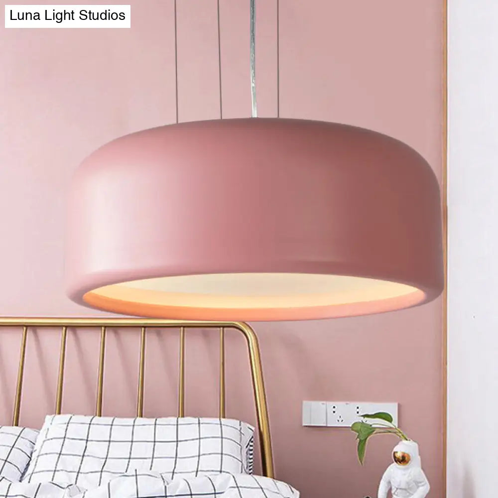 Modernist 1-Light Bedroom Pendant with Drum Metal Shade and Diffuser, 14"/19"/23.5" Wide - Pink/Blue/Green Hanging Light Kit